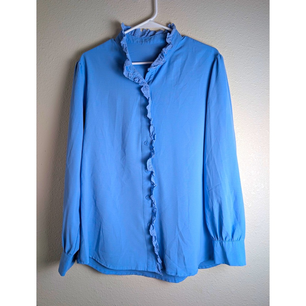 Womens L Blue Lace Ruffle Button Front Blouse Long Sleeve Cottagecore Romantic